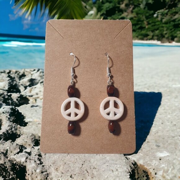 Handmade By Donovan White Peace Earrings Boho Bead Dangle Artisan Beach Core 70s - Picture 1 of 3
